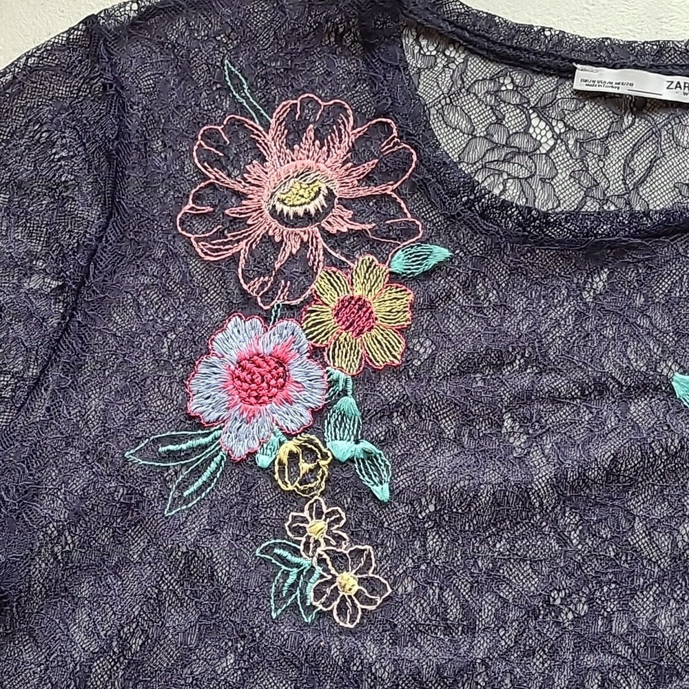 Zara Sheer Embroidered Floral Lace Top Navy Blue - Picture 8 of 8
